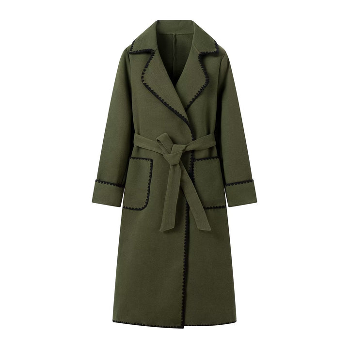 Damen eleganter Longcoat mit Bindegürtel und kontrastierenden Paspeln Drune