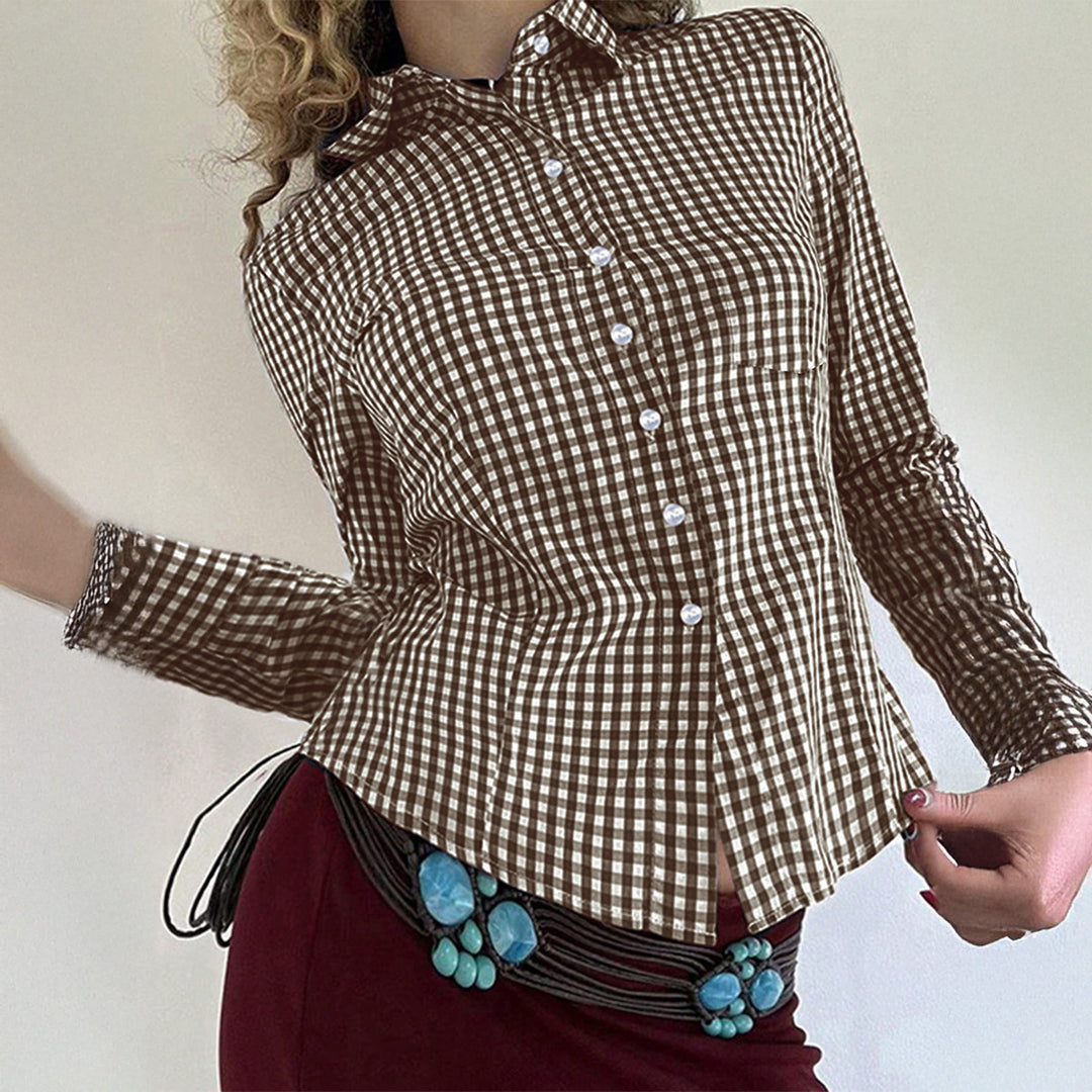 Damen nan taillierte Karobluse mit Hemdkragen, durchgehender Knopfleiste und geschwungenem Saum Drune