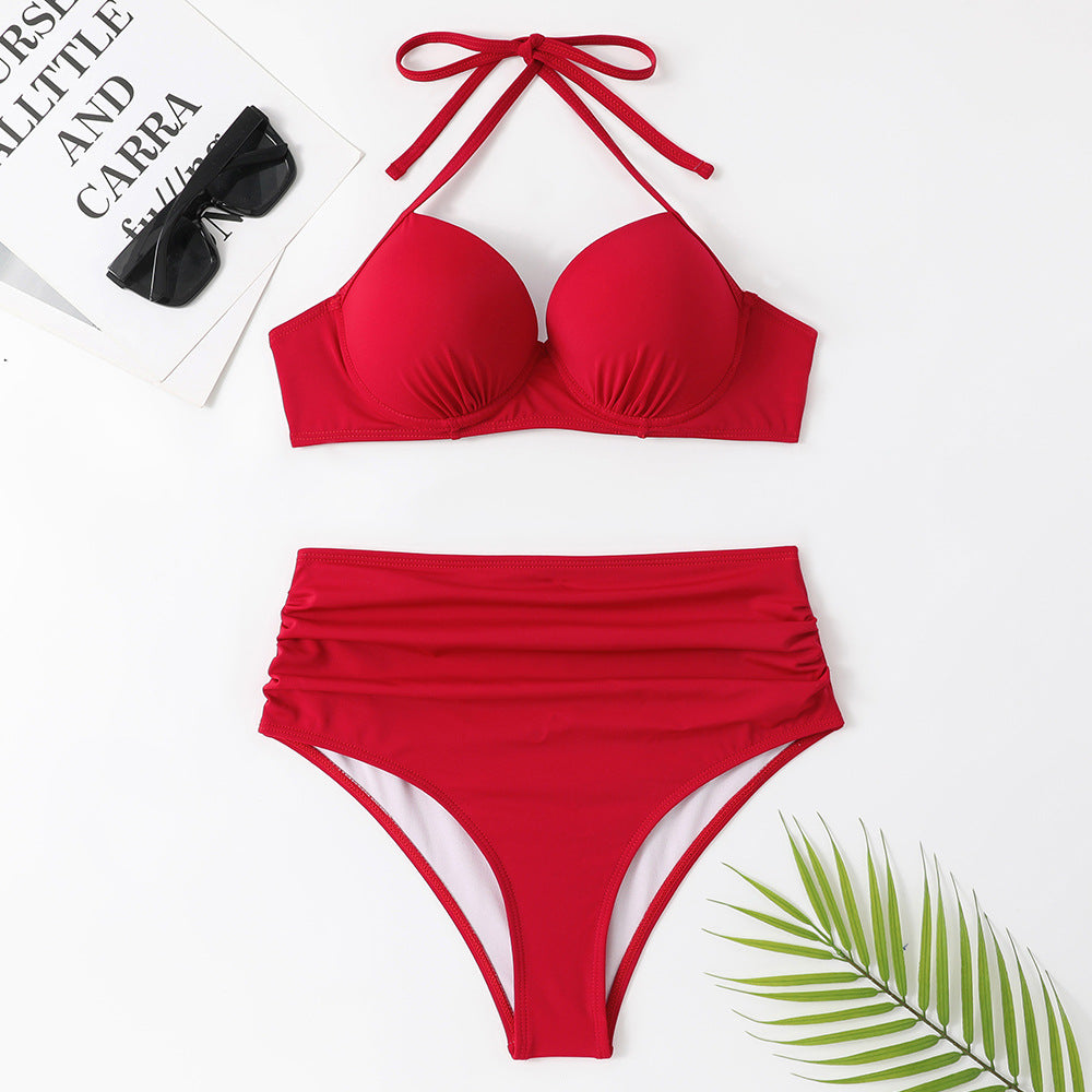 Damen hochgeschnittener Bikini mit gepolstertem Oberteil und elegantem Wickelband Drune