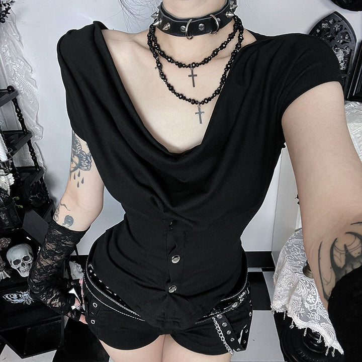 Damen figurbetontes Drape-Shirt mit elegantem Knopfdesign und asymmetrischem Saum Drune