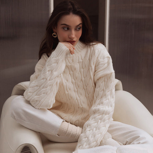 Damen Strickpullover mit hohem Kragen und strukturiertem Muster Drune