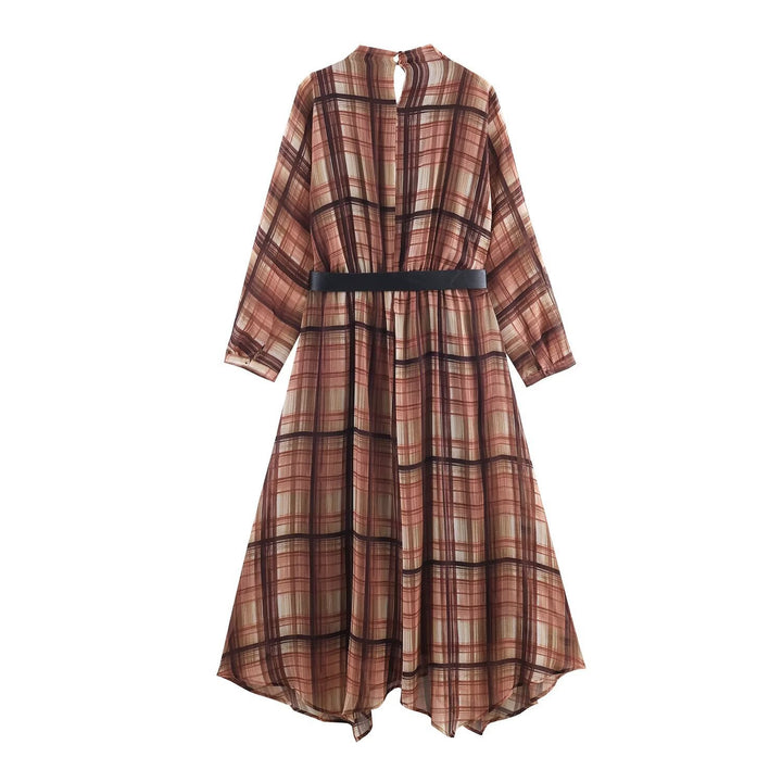 Damen Langarm Kleid im karierten Design mit asymmetrischem Saum und Bindegürtel Drune