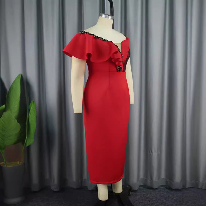 Damen elegantes Kleid mit asymmetrischem Schnitt und floralen Akzenten Drune