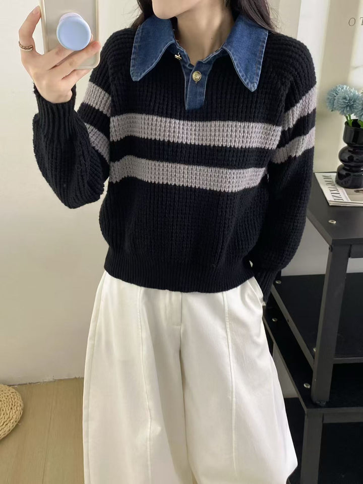 Damen lässiger Strickpullover mit Kragen und gestreiftem Design Drune