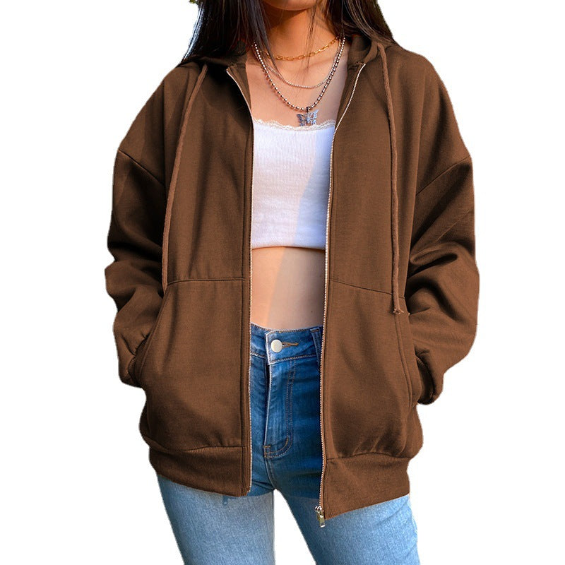 Damen nan legerer Kapuzen-Zipper mit Oversize-Passform, Kängurutaschen und durchgehendem Reißverschluss Drune