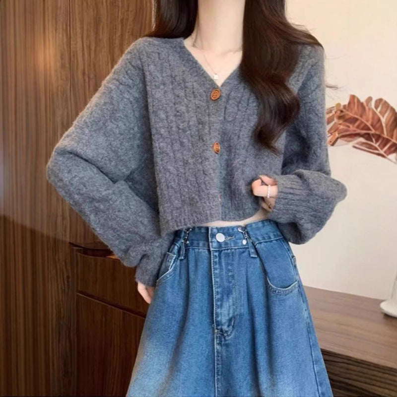 Damen kuscheliger Strickcardigan mit V-Ausschnitt und großen Knöpfen Drune
