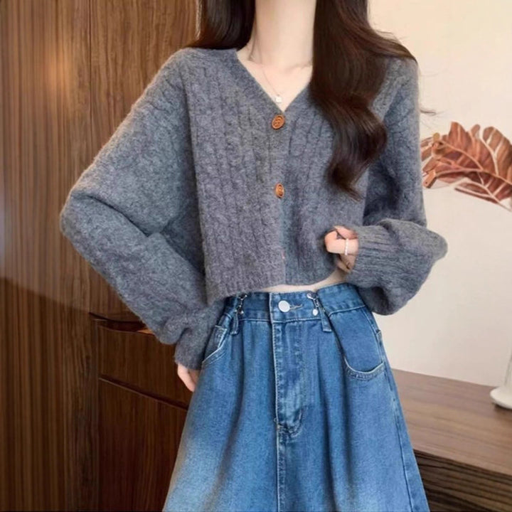 Damen kuscheliger Strickcardigan mit V-Ausschnitt und großen Knöpfen Drune