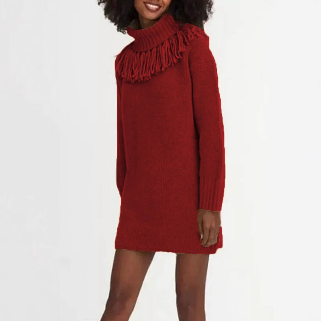 Damen Strickkleid mit dekorativer Fransenkante und hohem Rollkragen Drune