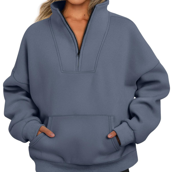 Damen nan oversized Halbzip-Hoodie mit hohem Stehkragen, Kängurutasche und gerippten Bündchen Drune