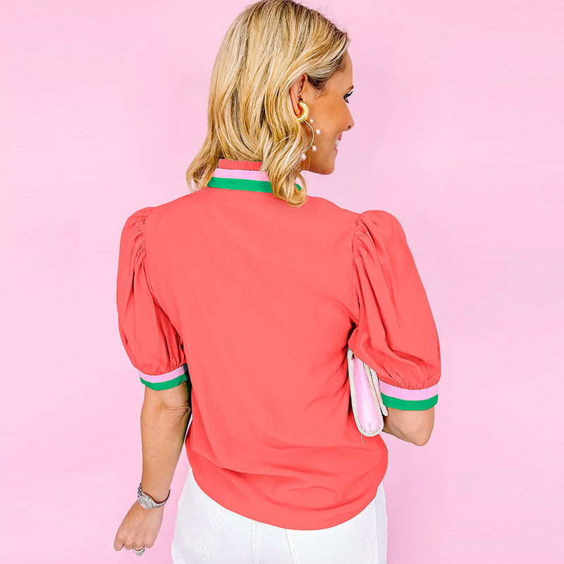 Damen Bluse mit stilvollen Rüschendetails und modischem Farbkontrast Drune