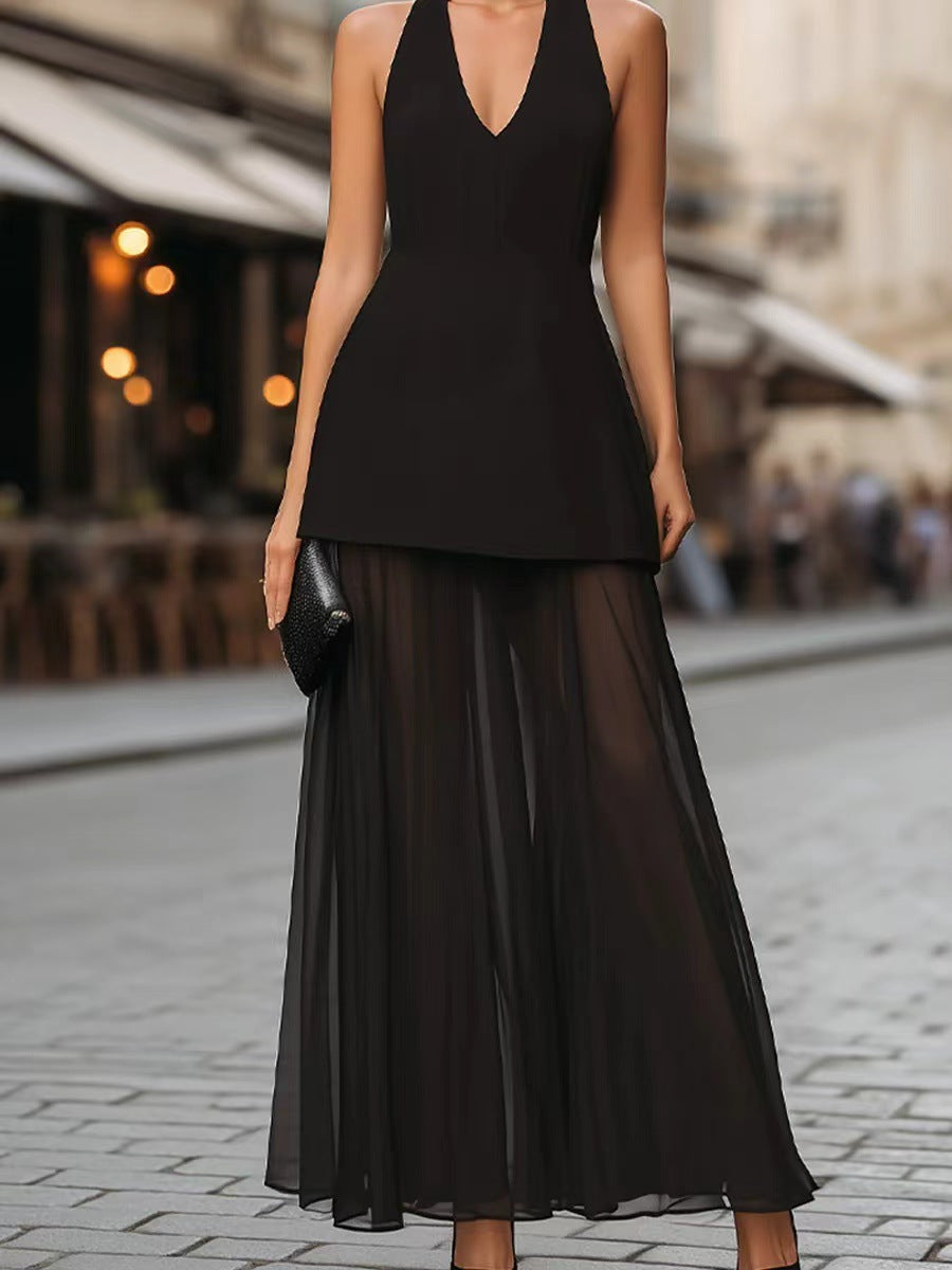 Damen Elegantes Maxikleid mit tiefem V-Ausschnitt und transparentem Überrock Drune