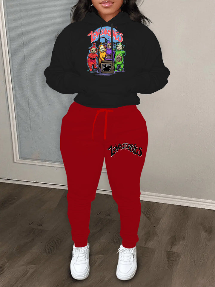 Damen Hoodie- und Jogginghose-Set mit farbenfrohem Comicdruck Drune