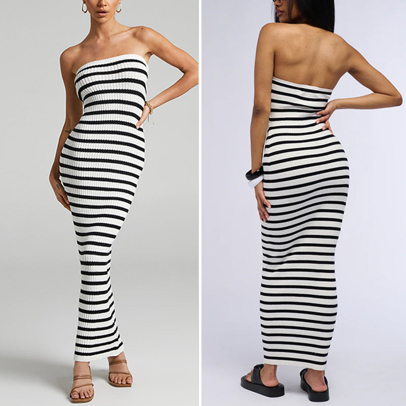 Damen Maxikleid mit Rippstrick und schulterfreiem Design Drune