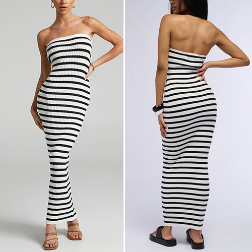 Damen Maxikleid mit Rippstrick und schulterfreiem Design Drune