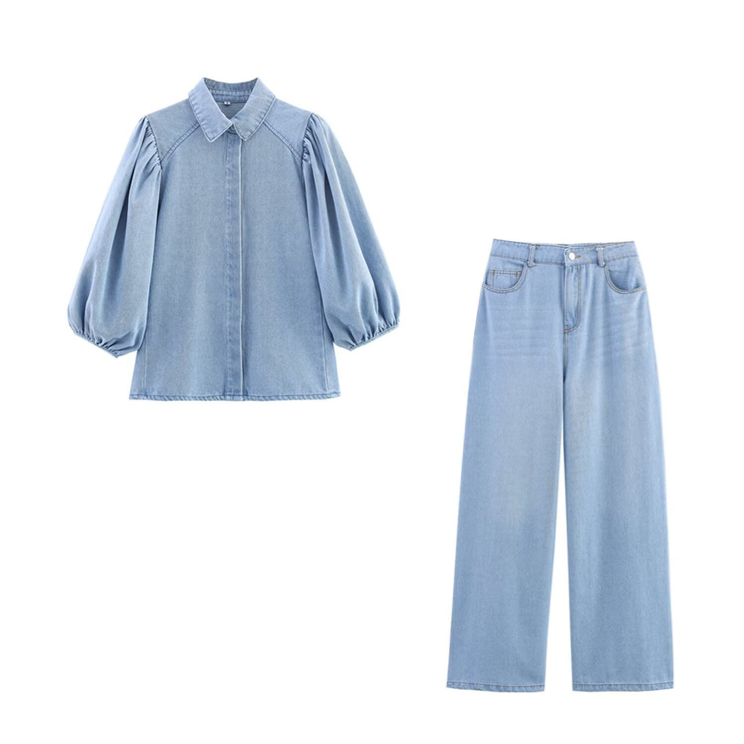 Damen luftige und strukturierte Bluse mit Balloonärmeln und weiten Jeans Drune