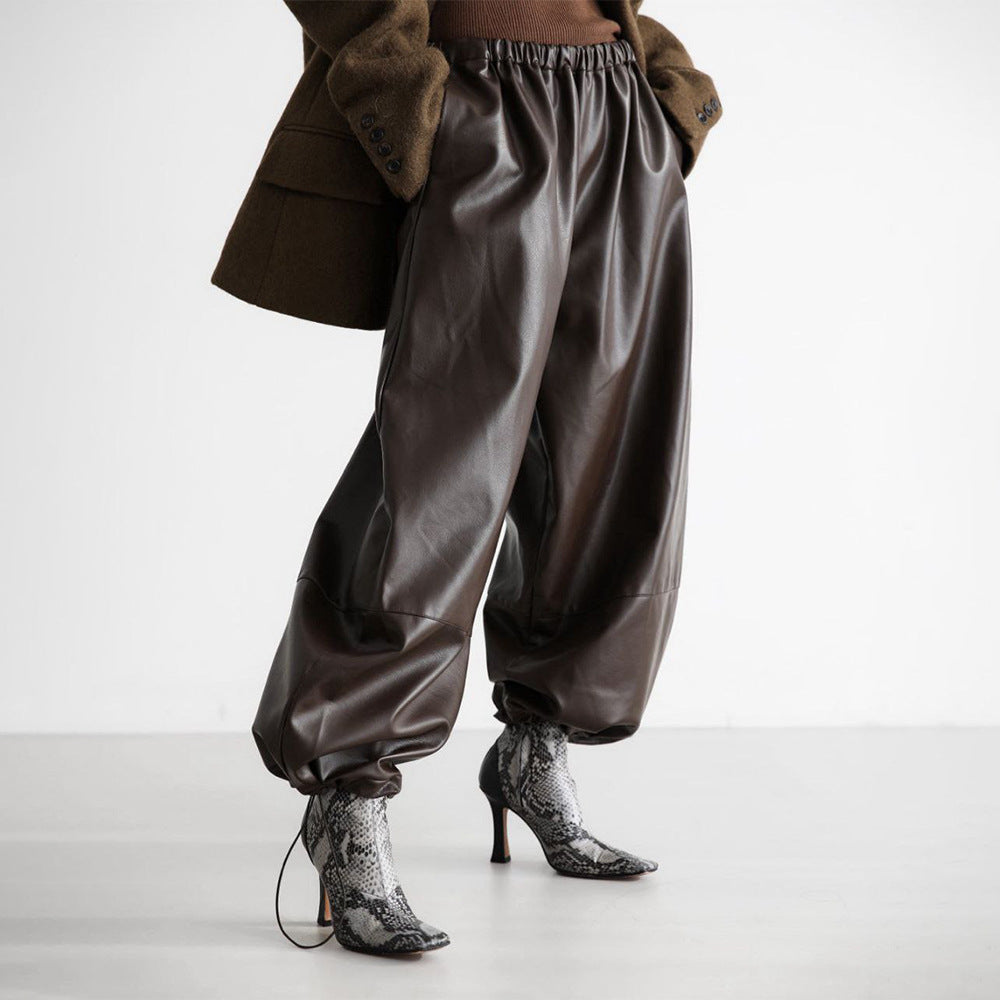 Damen Hochwertige Lederlook Hose mit elastischem Bund und weiten Beinen Drune