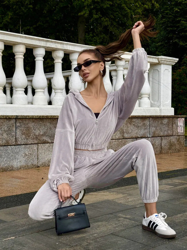 Damen Velours Freizeit-Set mit weichem Hoodie und bequemen Jogginghosen Drune