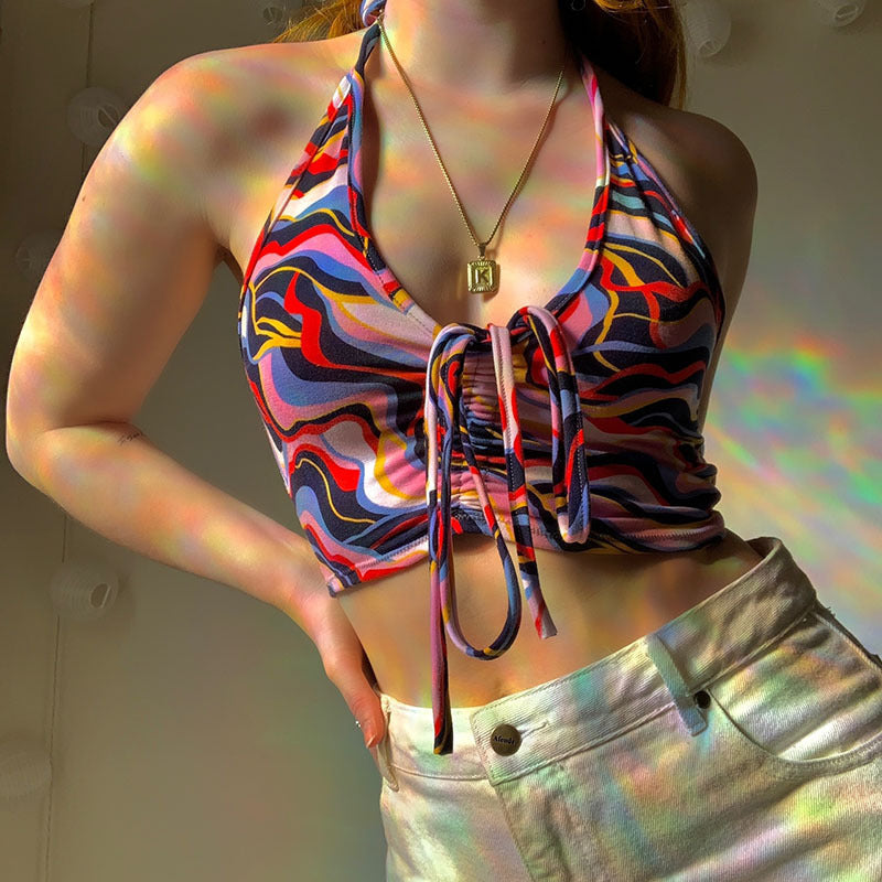 Damen Crop-Bikini-Oberteil mit Kordelzug und farbenfrohem Design Drune