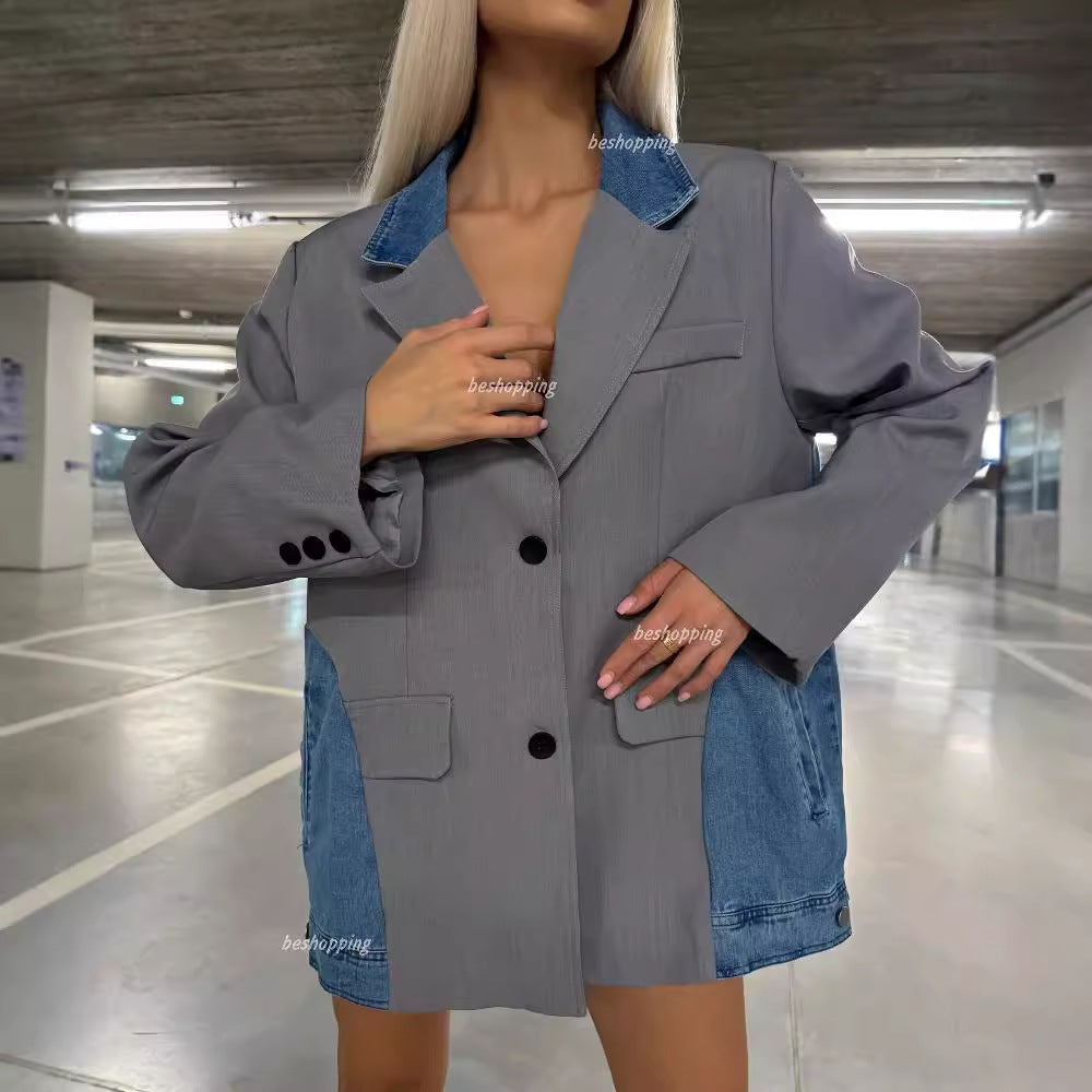 Damen modische Blazerjacke mit innovativem Denim-Design und eleganten Details Drune