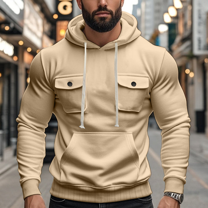 Herren nan sportiver Kapuzenpullover mit aufgesetzten Klappentaschen, Kängurutasche und schmalem Saum Drune
