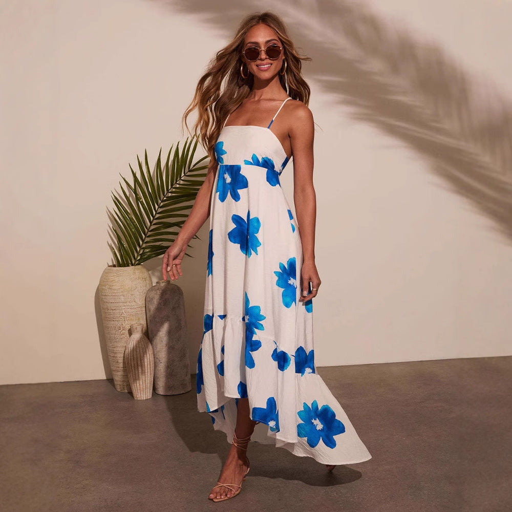 Damen Maxikleid mit dekorativen Blumenmustern und elegantem Rüschenabschluss Drune