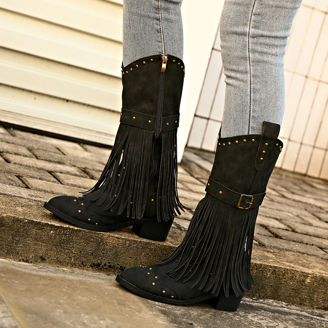 Damen nan Westernstiefel mit Fransen Nieten und Schnallenriemen Drune