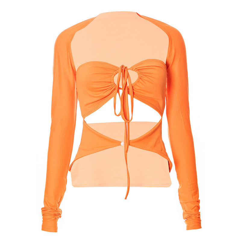 Damen Langarm-Trägershirt mit kreativem Cut-out und eleganter Wickeloptik Drune
