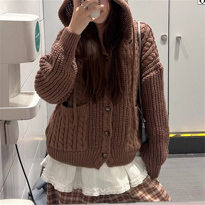 Damen Grobstrickjacke mit Kapuze und großen Taschen Drune
