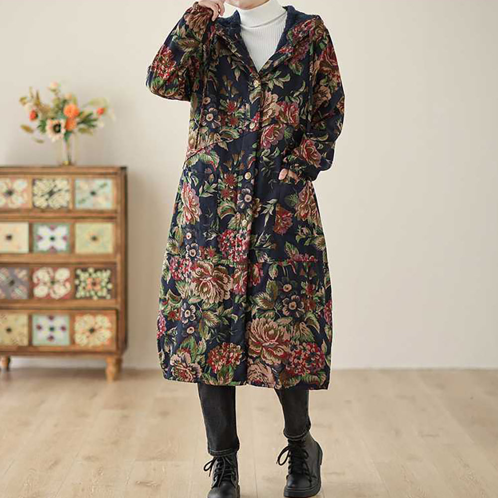Drune | Langer Mantel im Vintage-Stil mit Blumendruck