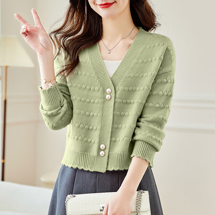 Damen kuschelige Strickjacke mit perlverzierten Knöpfen und strukturiertem Design Drune