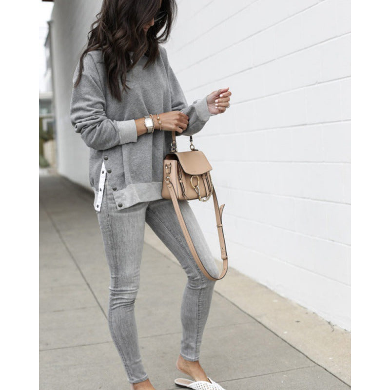 Damen Bequemer Sweatshirt mit Knopfdetails und seitlichen Schlitzen Drune