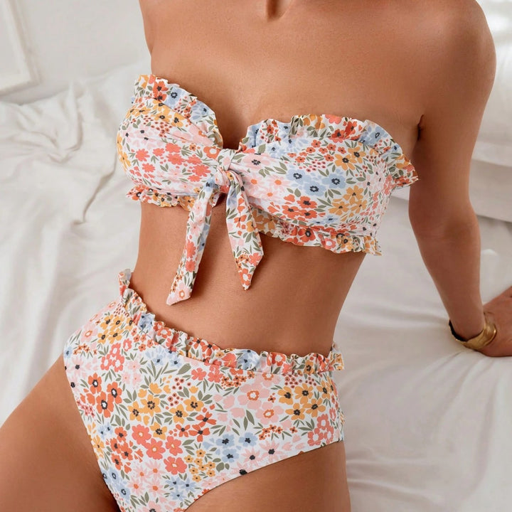 Damen Bikini-Set mit romantischen Rüschendetails und hohem Taillenbund Drune