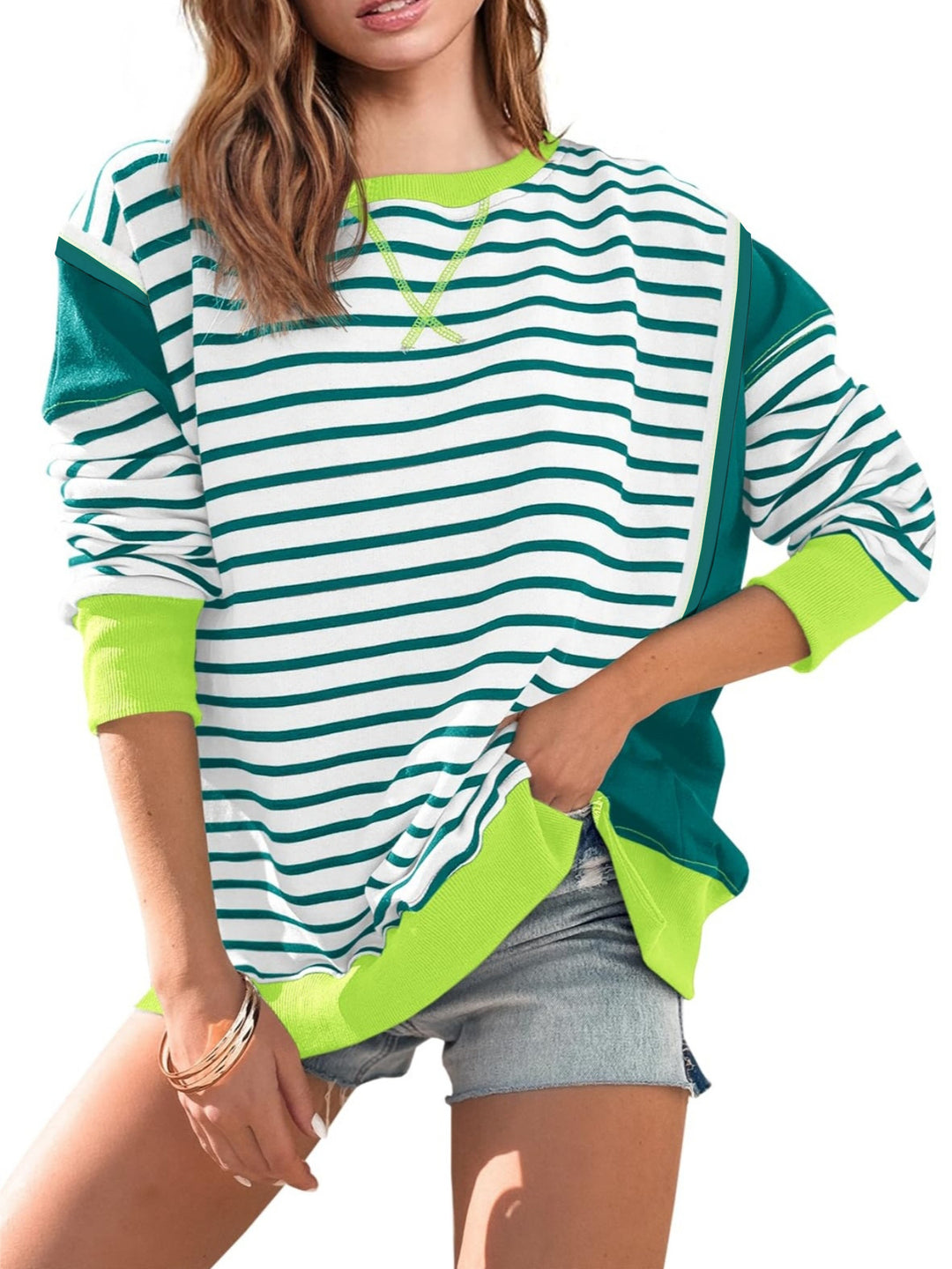 Damen gestreifter Sweatshirt mit übergroßem Schnitt Drune