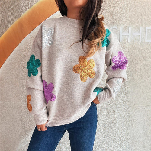 Damen Strickpullover mit bunten Funkelblumen Drune