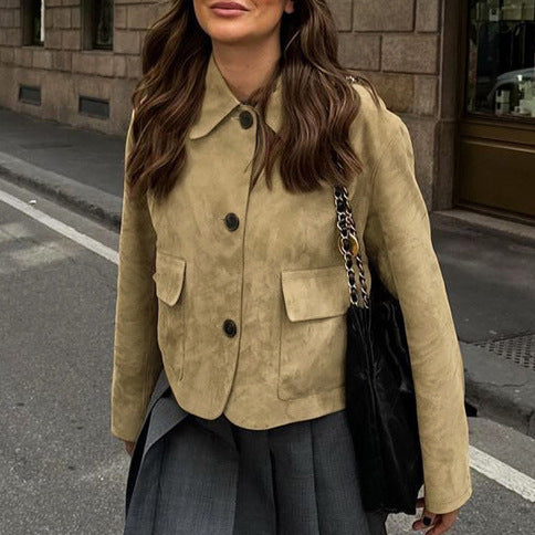 Damen Kurzjacke aus Wildleder mit großen Taschen und Button-Down-Verschluss Drune