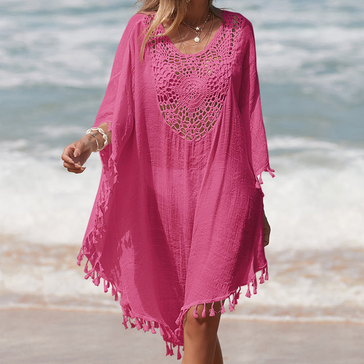 Damen Häkel-Strandüberwurf mit fransigem Saum und elegantem Lochmuster Drune