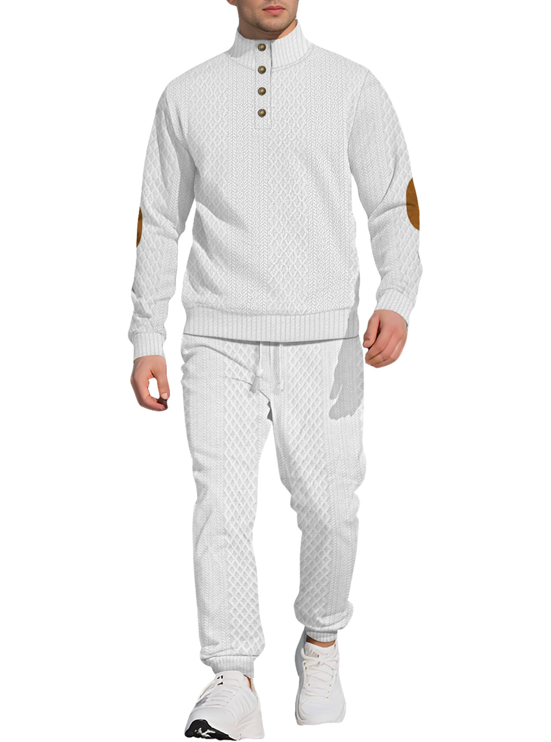 Herren nan strukturiertes Strick-Freizeitset mit Halbknopf-Stehkragen Wildleder-Ellbogenpatches und Kordelbund-Jogger Drune