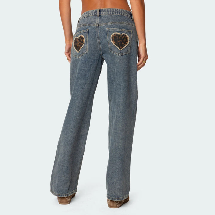 Damen Wide-Leg Jeans mit Herz-Applikationen Drune