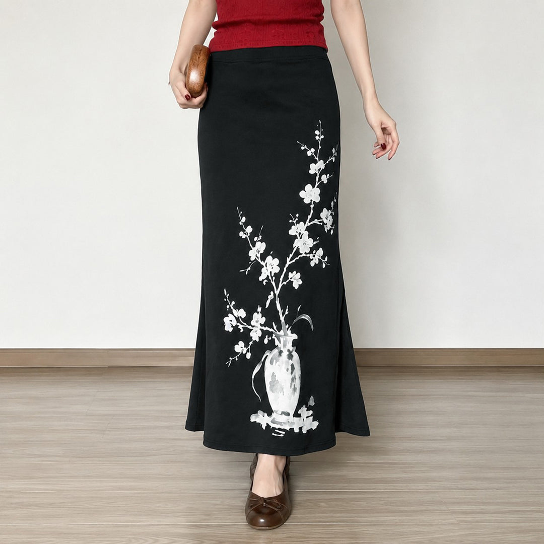 Damen nan ausgestellter Maxi-Rock mit A-Linien-Schnitt, elastischem Bund und floraler Aquarell-Vasen-Print Drune