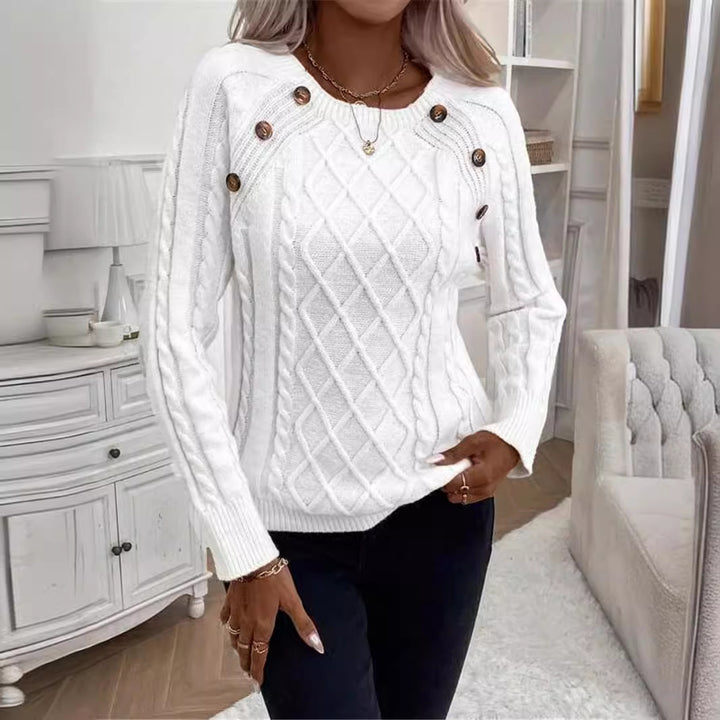 Damen Strickpullover mit strukturiertem Rautenmuster und dekorativen Knöpfen Drune