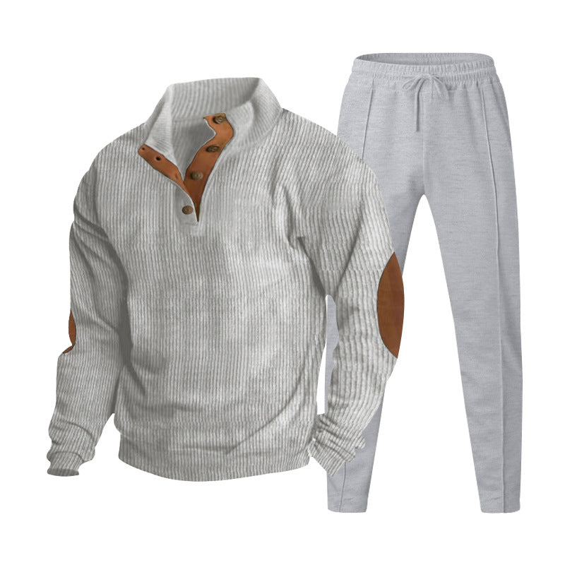 Herren nan gerippter Henley-Freizeitanzug mit dekorativer Knopfleiste und Wildleder-Ellenbogenpatch konisch geschnittene Jogginghose Drune