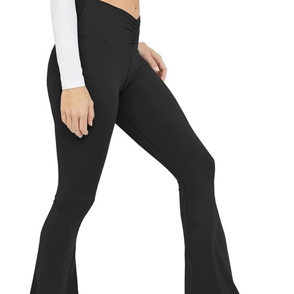 Damen Hohe Taille Flared Leggings mit Raffungen Drune