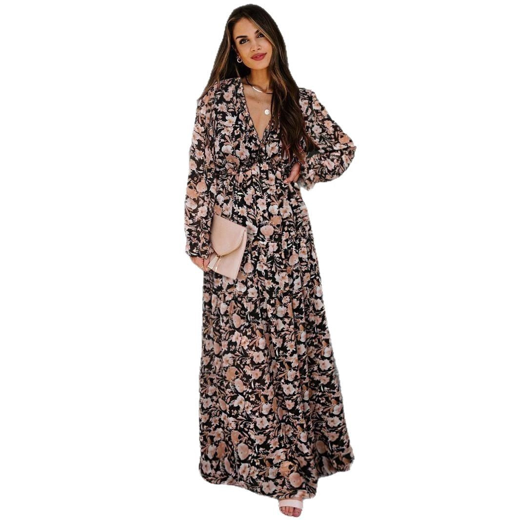 Damen Maxikleid mit floralem Vintage-Druck und V-Ausschnitt Drune