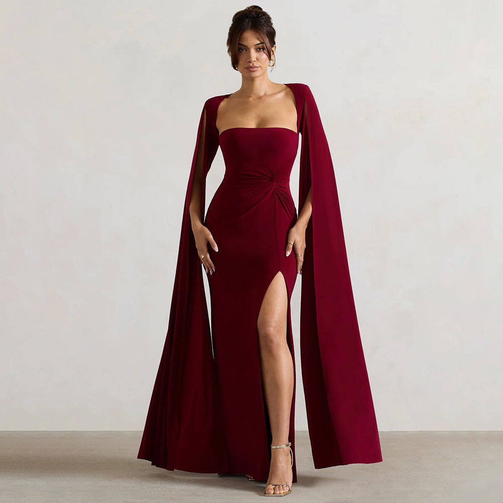 Damen Elegantes Maxikleid mit abnehmbarem Cape und seitlichem Schlitz Drune
