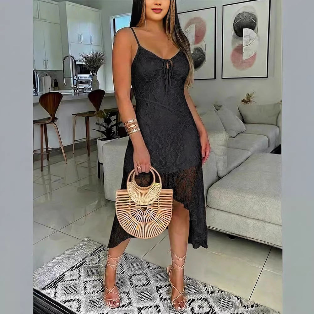Damen Spitzenkleid mit romantischem Design und verstellbaren Spaghettiträgern Drune