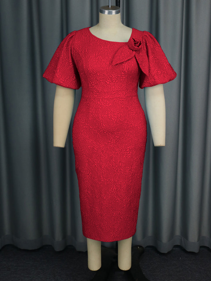 Damen elegantes Etuikleid mit fließenden Puffärmeln und Blumenapplikation Drune