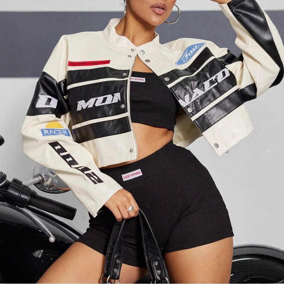 Damen cropped Bikerjacke mit sportiven Branding-Elementen Drune