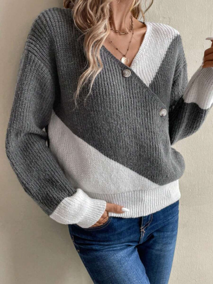 Damen Modischer V-Ausschnitt Strickpullover mit asymmetrischem Design Drune