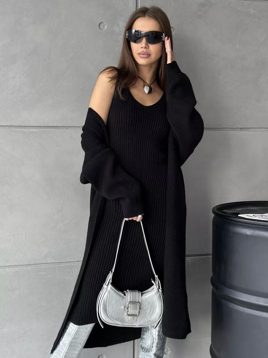 Damen Strickkleid mit V-Ausschnitt und langem, lässigem Schnitt Drune