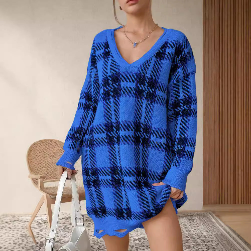 Damen Oversized V-Ausschnitt Pullover mit kariertem Muster Drune